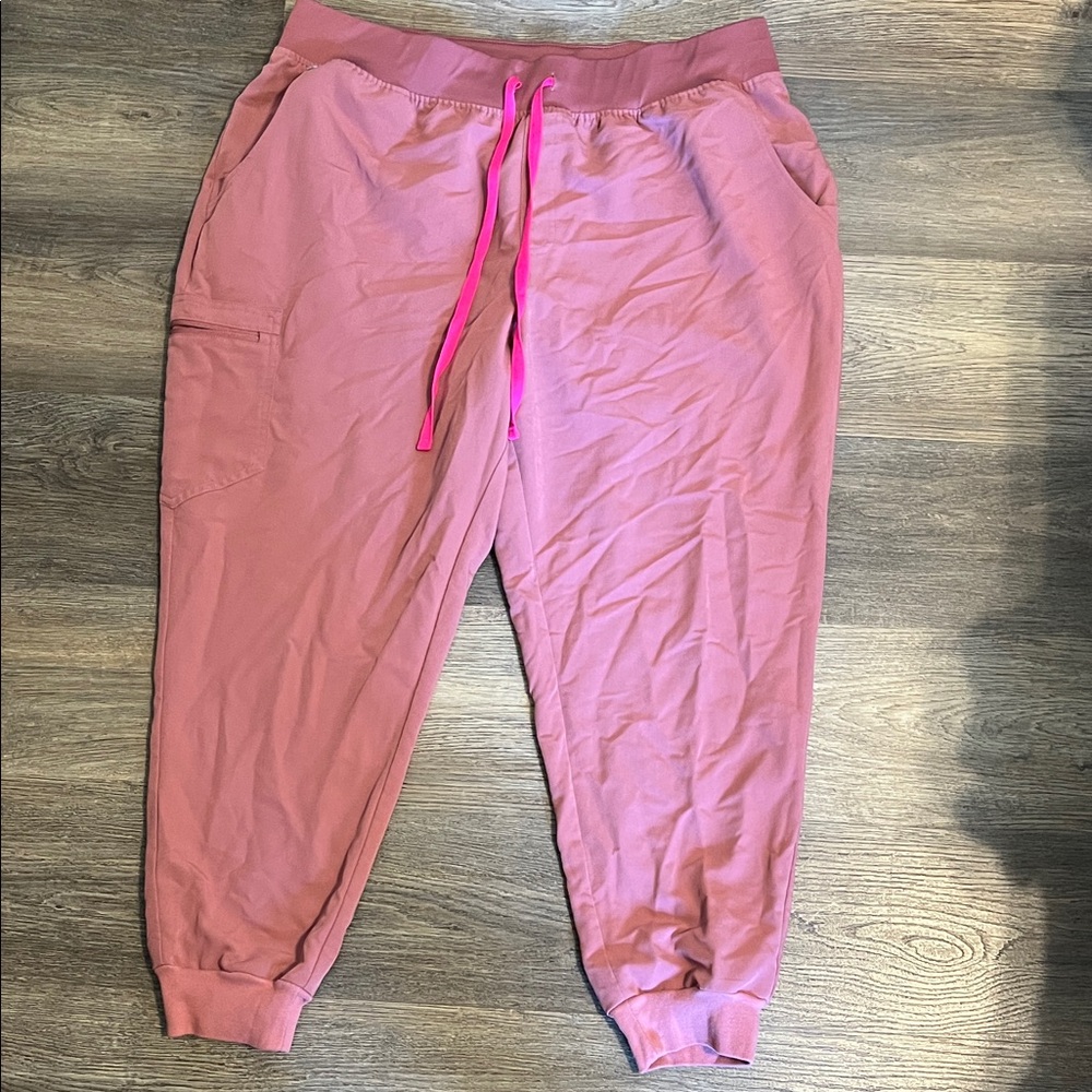 Figs Women's Pink Track Joggers with Hot Pink Drawstring